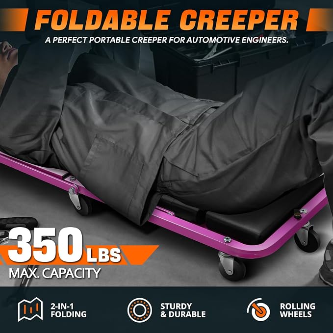 DNA MOTORING 48" 2 IN 1 Folding Rolling Garage Shop Creeper Roller Seat - Image 2