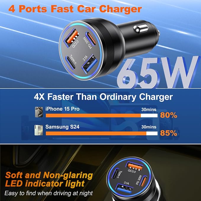 Car Charger USB C Fast Charging, 65W 4-Port Fast Car Phone Charger Accessories - Image 3