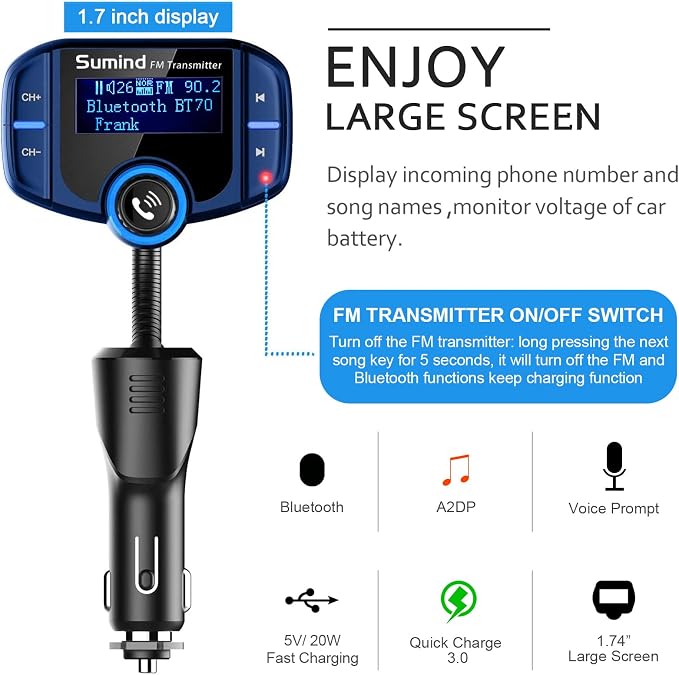 Upgraded Bluetooth FM Transmitter, Wireless Radio Adapter Hands Free Car Kit - Image 3