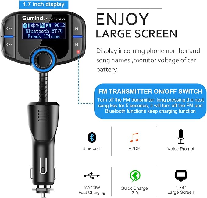 Upgraded Bluetooth FM Transmitter, Wireless Radio Adapter Hands Free Car Kit - Image 3