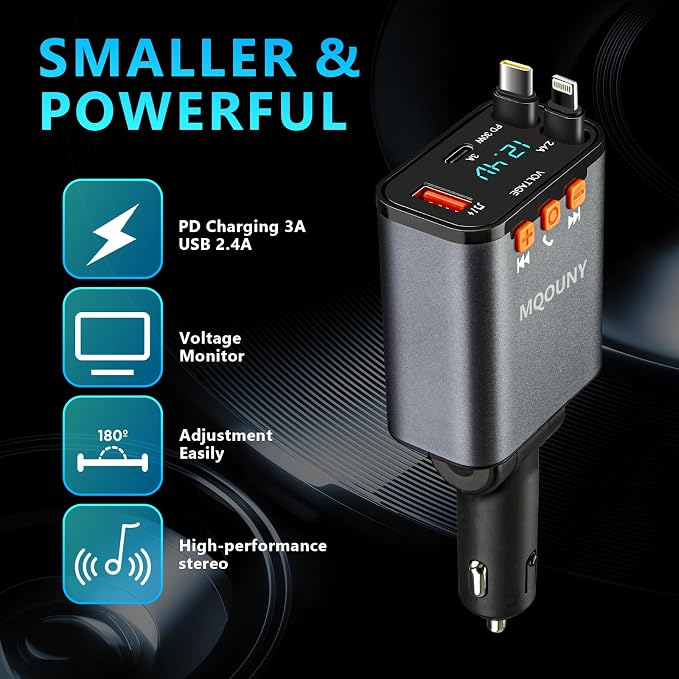 Retractable Car Charger, 5 in 1 Fast Cars Phone Charger 60w, Handsfree Call - Image 5