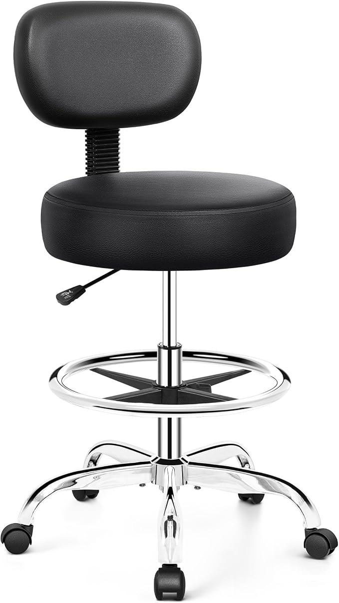 Drafting Chair with Backrest – Adjustable Foot Rest Rolling Stool with Wheels by BrickAttic