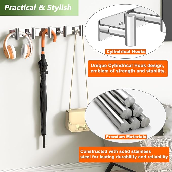 Wall Mounted Coat Rack-5 Hooks, Heavy Duty Stainless Steel Hook Rail - Image 3