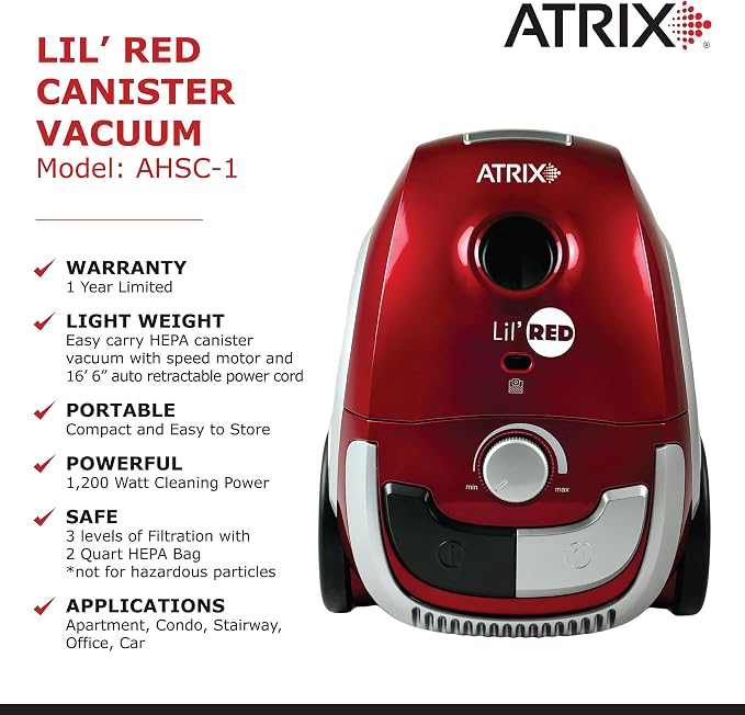 AHSC-1 Atrix Lil Red Canister Vacuum Portable Canister vacuum w/ 2 Quart HEPA - Image 3