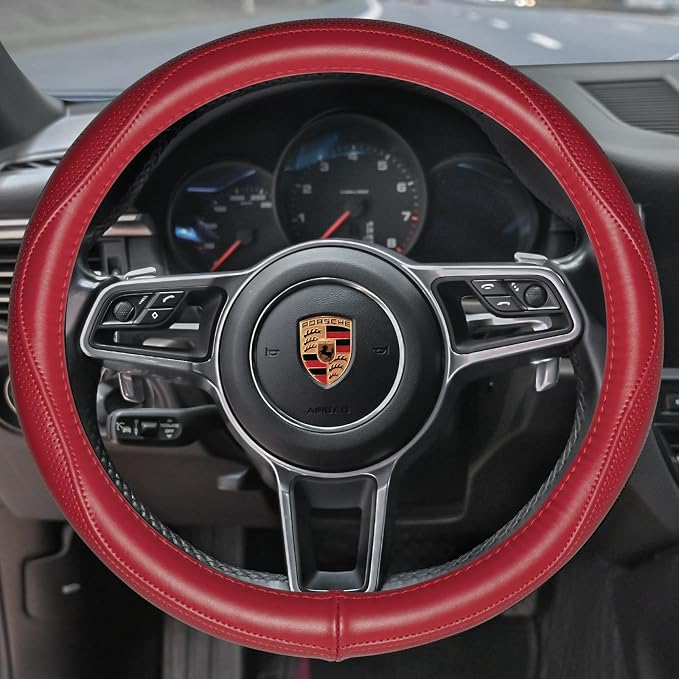 HAOKAY Top Grade Red Genuine Leather Steering Wheel Cover Women, Luxury - Image 2
