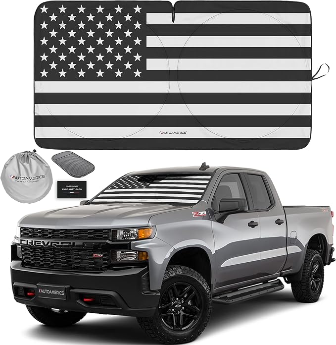 Autoamerics 1-Piece Windshield Sun Shade B&W American Flag USA Patriotic Design by AutoamericsUS