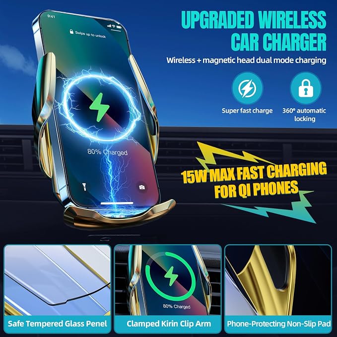 Wireless Car Charger, MAX 15W Fast Charging Auto Clamping, Sensing Phone Holder - Image 2