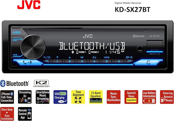 JVC KD-SX27BT Car Stereo with Bluetooth, 100W Digital Media Receiver, 1.5A USB - Image 2
