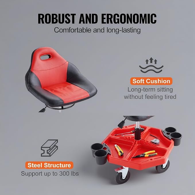 Rolling Garage Stool 300LBS Adjustable Mechanic Work Shop Seat w/Casters - Image 3
