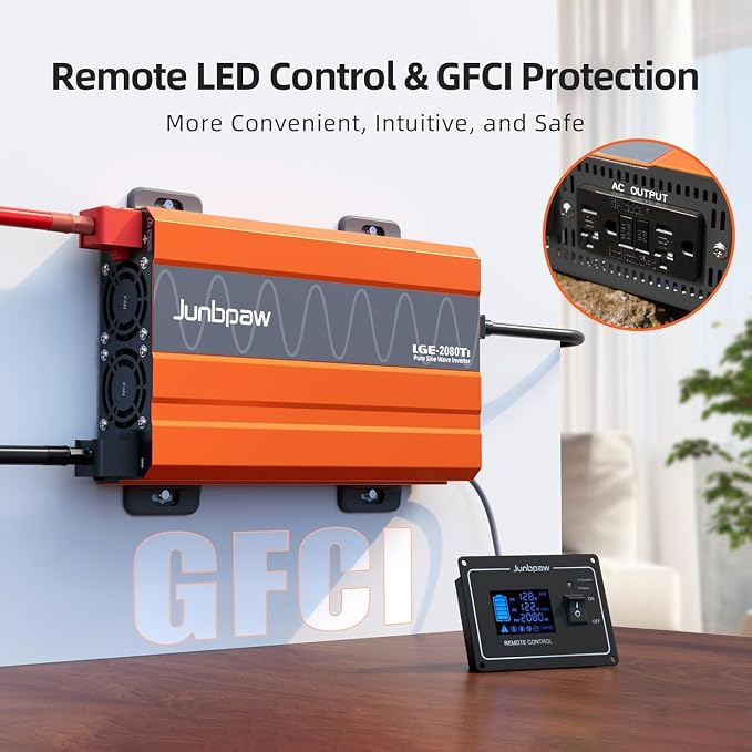 2080W Pure Sine Wave Inverter, 12V DC to 110V/120V AC, 6000W Peak, 5V/2.1A USB - Image 4