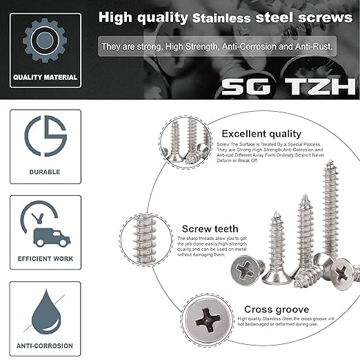#10 x 3/4" Wood Screw 100Pcs 18-8 Stainless Steel Screws Flat Head Phillips - Image 4
