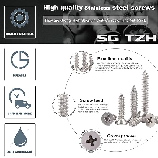 #10 x 5/8" Wood Screw 100Pcs 18-8 Stainless Steel Screws Flat Head Phillips - Image 4