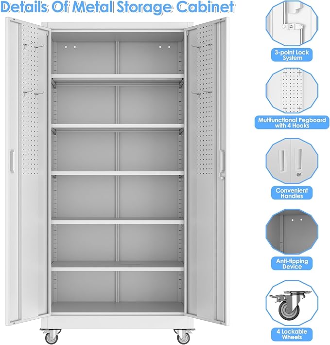 Garage Storage Cabinet with Pegboard and 5 Adjustable Shelves, Tool Storage - Image 4