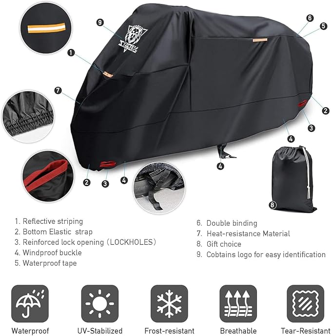 XYZCTEM Black Motorcycle Cover -Waterproof Outdoor Storage Bag, Fits up to 108" - Image 2