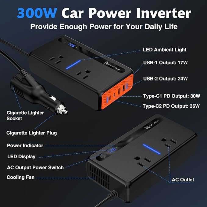 RoyPow 300W Car Power Inverter, DC 12V to 110V AC Power Inverter - Image 3