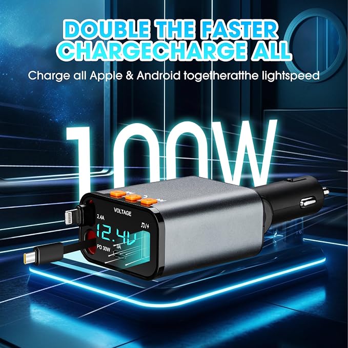 Retractable Car Charger, 5 in 1 Fast Cars Phone Charger 60w, Handsfree Call - Image 7