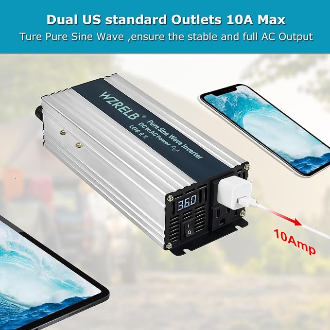 WZRELB 1200W Pure Sine Wave Inverter 36V DC to 110V 120V AC Power Converter - Image 4