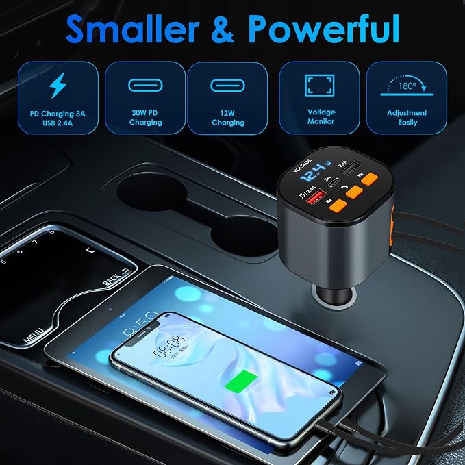 Retractable Car Charger, 5 in 1 Fast Car Phone Charger 90W, Handsfree Call - Image 5