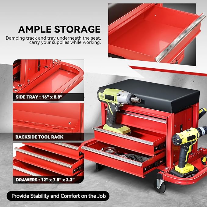 Auto Dynasty 3-Drawer Mechanic Rolling Seat, 350 LBS Capacity Roller Garage - Image 3