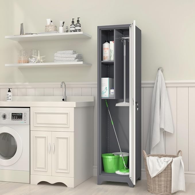 GREATMEET Slim Lockable Garage Storage Cabinet, Narrow Broom Storage Closet - Image 5