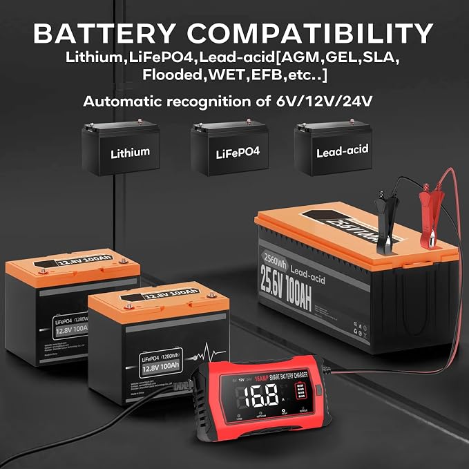 16-Amp 24V/12V/6V Portable Car Battery Charger, Smart LiFePO4 Lithium Lead-Acid - Image 5