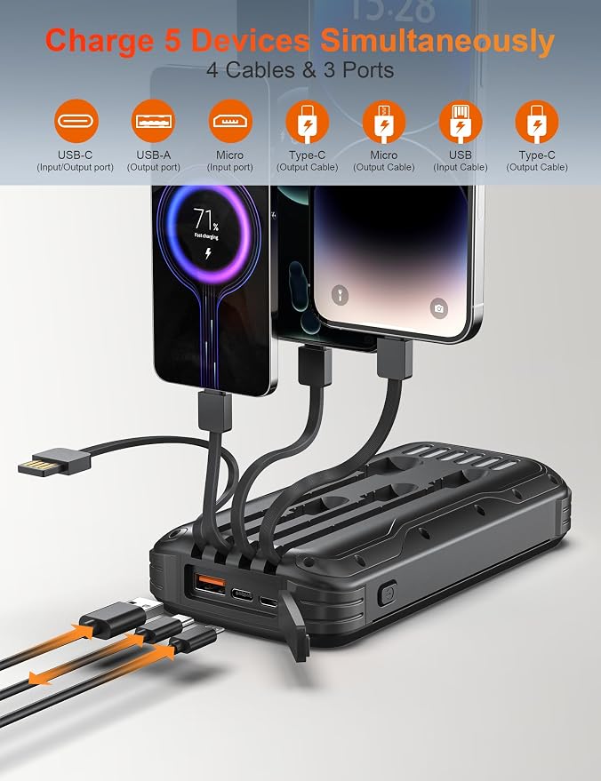 Solar Charger Power Bank, 40000mAh Portable Phone Charger Built in 4 Cables - Image 3