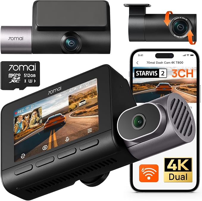 70mai 4K T800 3 Channel Dash Cam, Dash Cam Front and Rear Inside, STARVIS 2 by 70mai