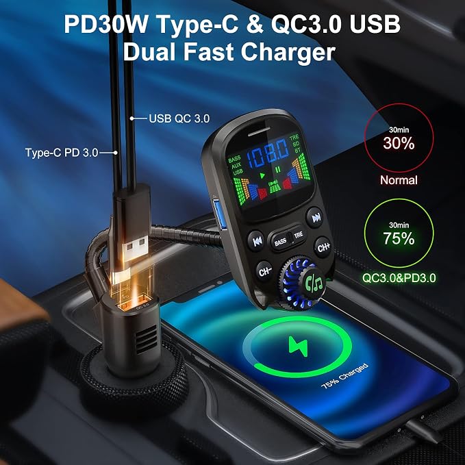 Bluetooth 5.3 FM Transmitter for Car- SOARUN Bluetooth Car Adapter PD30W & USB - Image 3