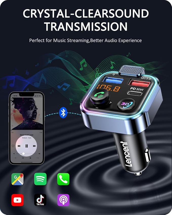 LENCENT Bluetooth 5.3 FM Transmitter, Wireless Radio Adapter Car Kit - Image 4