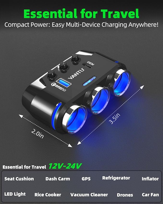 YANTU QC3.0&PD 40W Cigarette Lighter Adapter, 3-Socket 140W Car Cigarette - Image 2