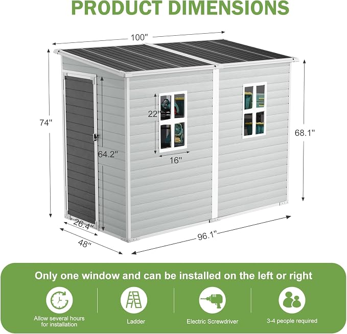 8x4x6 FT Resin Lean to Shed, Waterproof Outdoor Storage Shed - Image 6