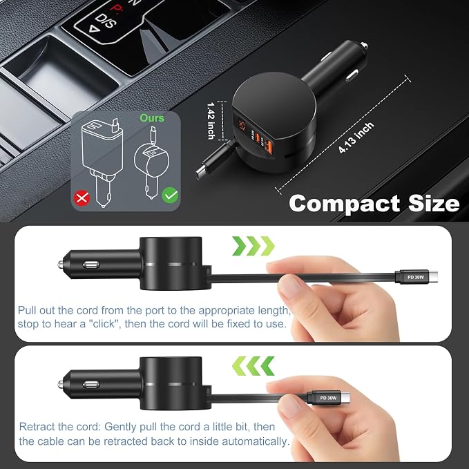 Retractable Car Charger USB C, OKRAY 78W 3-Port 12v Cigarette Lighter Adapter - Image 5