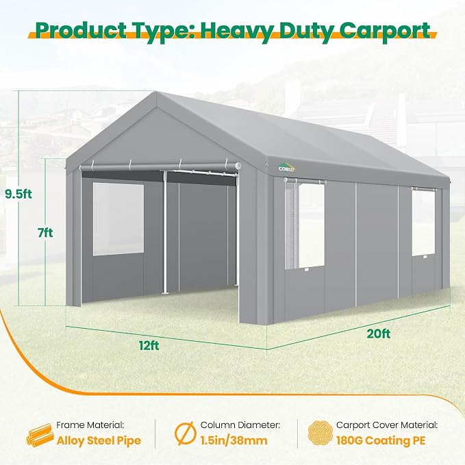 COBIZI Carport Canopy 12x20 Heavy Duty Portable Garage - Image 5