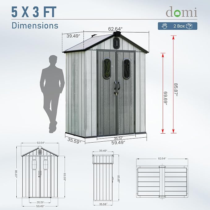 Domi 5x3 FT Outdoor Resin Storage Shed, All-Weather Double-Wall Storage Building - Image 3