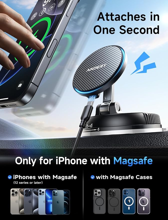 Only for iPhone Magsafe Car Mount Charger 360° Adjustable Car Phone Holder - Image 7