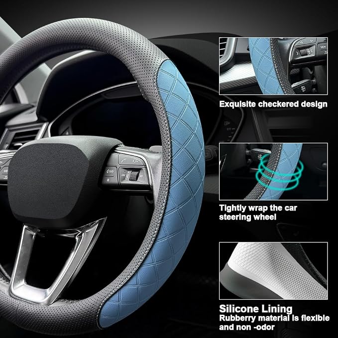 LKWLIKEI Nappa Leather Steering Wheel Cover, Elegant Diamond Checkered Design - Image 3