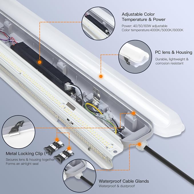 JTT LED Vapor Tight Light 60W/50W/40W 7800lm, Waterproof LED Outdoor Shop Light - Image 3