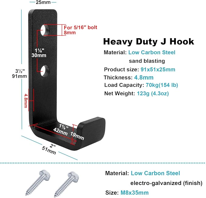 4 Pack 3-1/2" Heavy Duty Steel J Hook, Wall Mount Utility Hook - Image 3