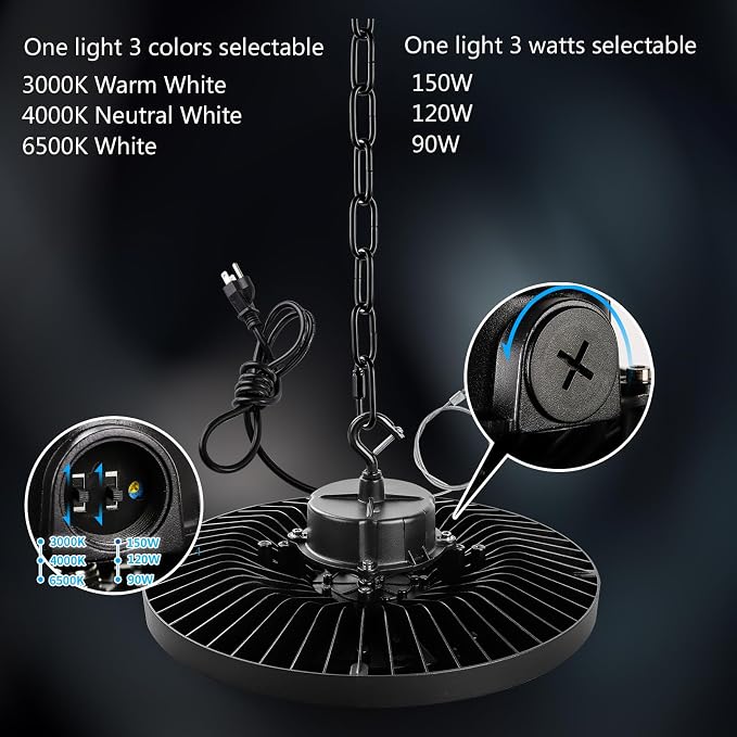 UFO High Bay Light, 150W LED Shop Lights, 3000K 4000K 6500K LED Garage Light - Image 3
