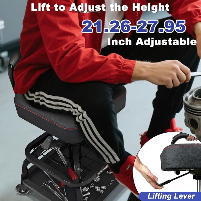 Rolling Shop Stool with Wheels, Garage Mechanic Shop Chair with Handle Backrest - Image 2