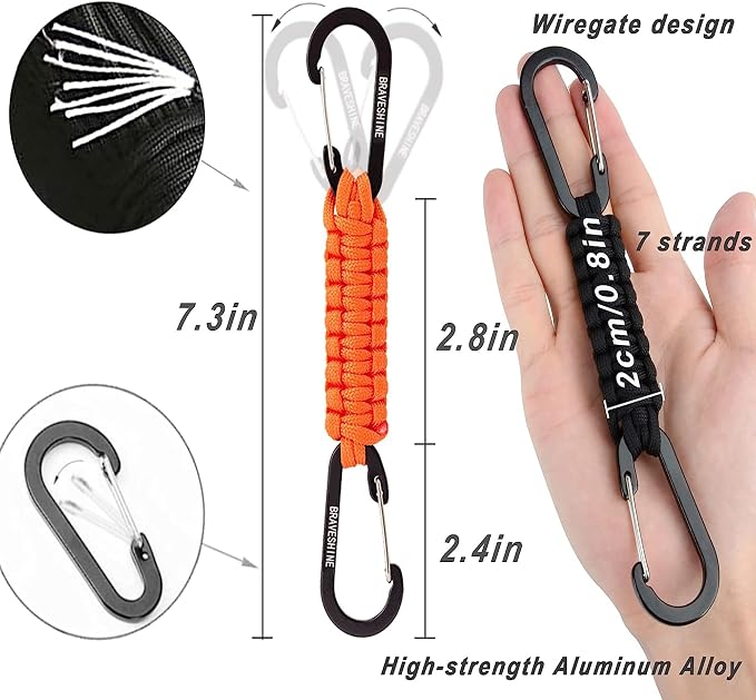 BRAVESHINE Paracord Keychain Carabiner Clip, D Ring Lanyard Hanger Stroller Hook - Image 2