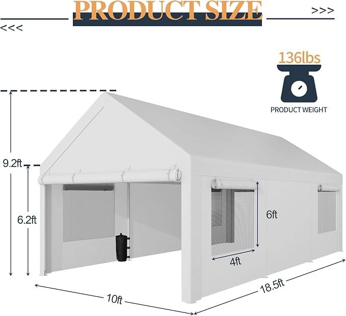Shintenchi Carport 10' x 20' Heavy Duty Portable Garage, Car Port Canopy - Image 3