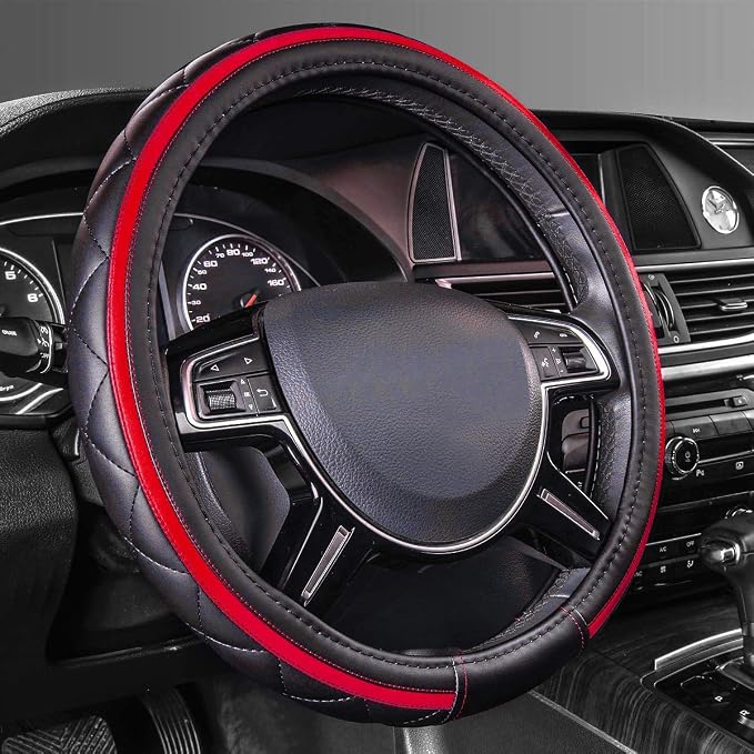CAR PASS Sporty Quilting Leather Universal Fit Steering Wheel Cover, Fit by CARPASS
