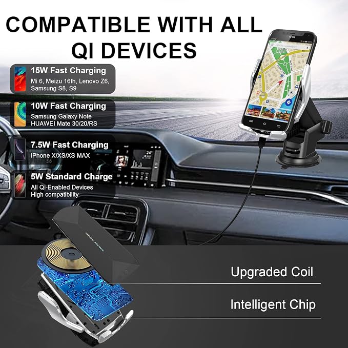 Car Phone Mount, Auto-Clamping Smart Sensor 10W Qi Fast Charging Car Front - Image 2