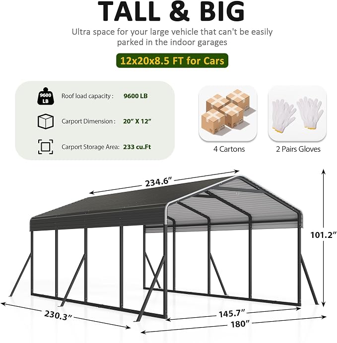 Carport 12x20 FT Heavy Duty Carports Canopy - Image 6
