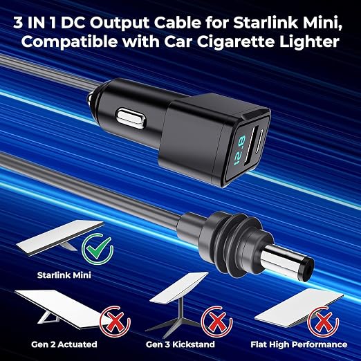 3 in 1 Starlink Mini Cable 10FT, Nolansend Starlink Mini Car Charger DC Power - Image 2