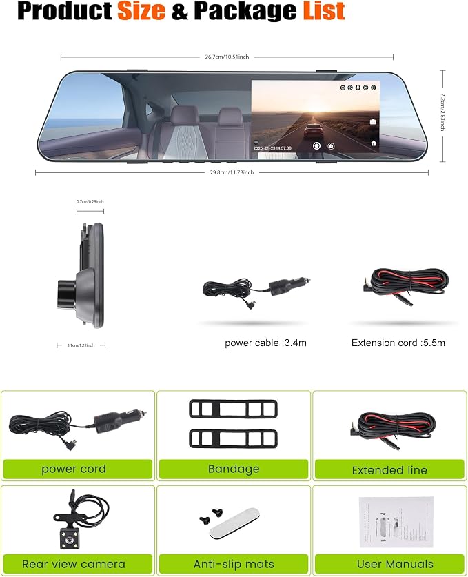 Mirror Dash Cam 4.7 Inch Rear View Mirror 720P Front and Rear View Dual Cameras - Image 8