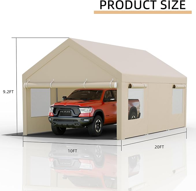 JY QAQA Carport, 10x20 FT Heavy Duty Carport Reinforced Steel Poles - Image 4