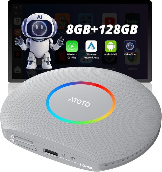 CB6 CarPlay AI Box & Android AI Box, Wireless CarPlay/AndroidAuto Adapter by ATOTOZONE