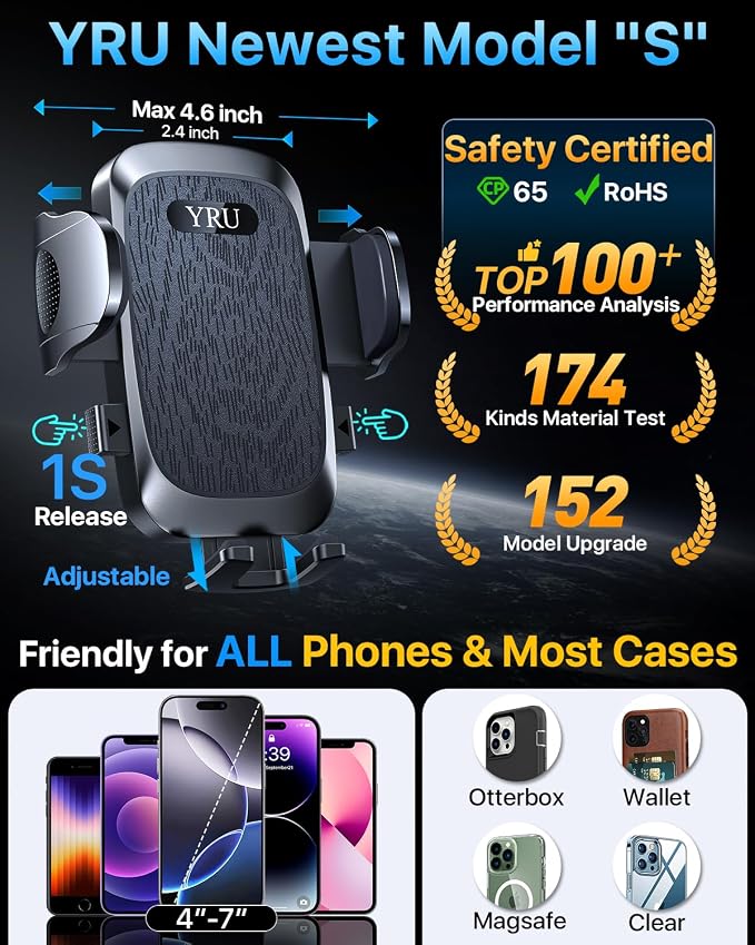 YRU Cell Phone Holder for Car Dashboard Windshield Phone Stand for iPhone 16 15 - Image 3